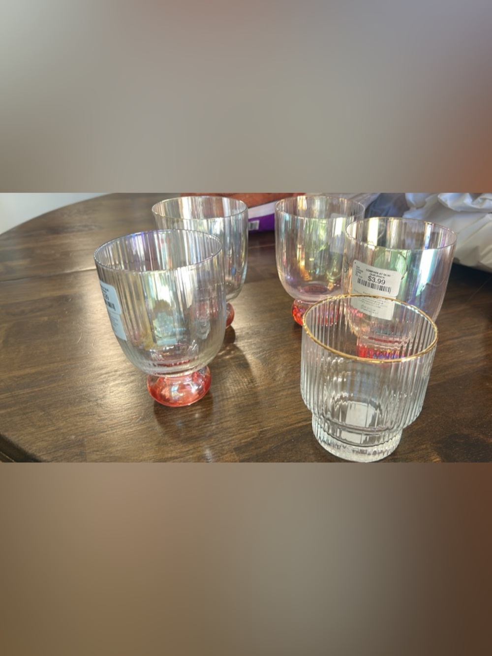 Iridescent Glass Goblets with Pink Bases - Set of 4